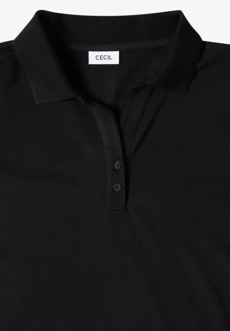 Schwarzes Polohemd mit Kragen, kurzer Knopfleiste und Markenlabel