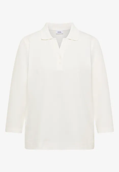 3/4-Arm Poloshirt mit Knopfdetail vanilla white Weißes, langärmeliges Poloshirt mit V-Ausschnitt und geradem Schnitt.