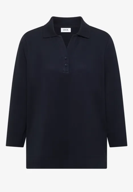 Dunkelblaues Langarm-Poloshirt mit Kragen und Knopfleiste, schlicht und elegant.