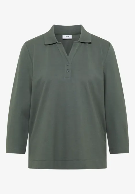 Polo à manches 3/4 avec boutons décoratifs dried olive green Dunkelgrünes Poloshirt mit langen Ärmeln und Knopfleiste