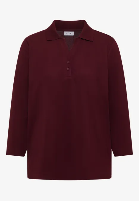 3/4-Arm Poloshirt mit Knopfdetail red wine Bordeauxrotes Langarm-Poloshirt mit Kragen und Knopfleiste.