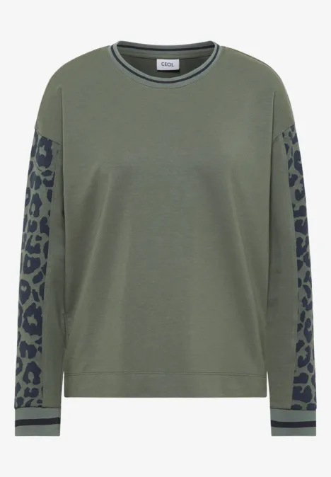 Olivefarbenes Langarmshirt mit Leoprint an den Ärmeln und Kontraststreifen an Bündchen