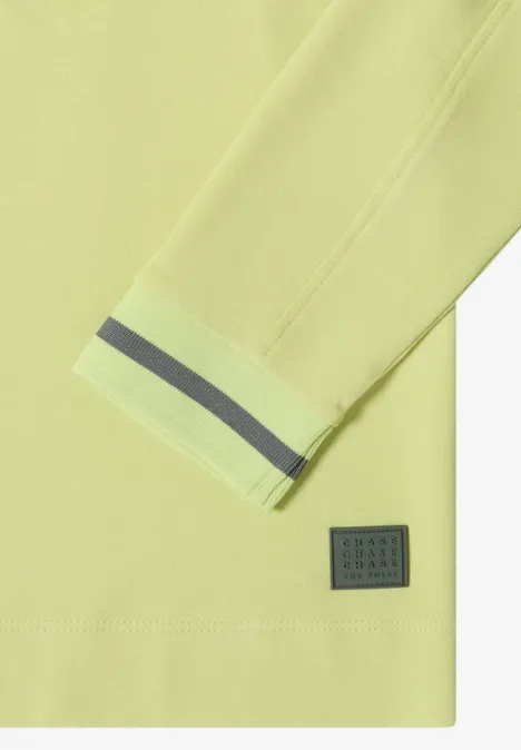 T-shirt à manches longues, col rond et rayures citrin green Leichtgelbes Langarmshirt mit grauem Streifen am Ärmel und kleinem Label.