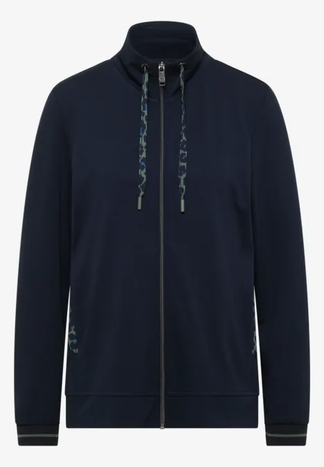 Dunkelblaue, leichte Jacke mit Reißverschluss und Stehkragen, seitlichen Eingrifftaschen und kontrastfarbigen Kordeln