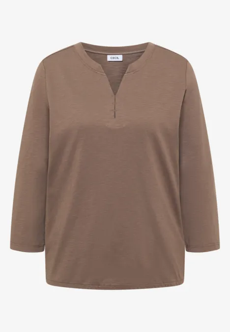 3/4-Arm Shirt mit Split Neck und Elastiksaum cocoa taupe Braunes Shirt mit 3/4-Ärmeln und kleinem V-Ausschnitt, leger geschnitten.