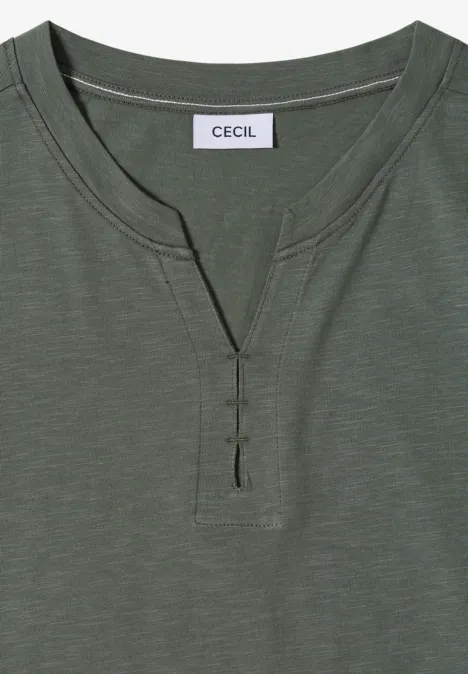 3/4-Arm Shirt mit Split Neck und Elastiksaum dried olive green Olivgrünes Henley-Shirt mit Knopfleiste und Rundhals-Ausschnitt von Cecil.