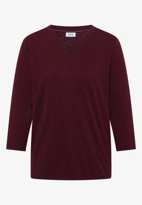 3/4-Arm Shirt mit Split Neck und Elastiksaum red wine Bordeauxrotes Damenshirt mit 3/4-Ärmeln und V-Ausschnitt.