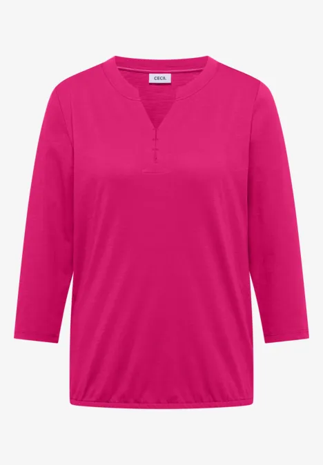 3/4-Arm Shirt mit Split Neck und Elastiksaum pink flash Ein pinkes Damen-Shirt mit 3/4-Ärmeln und V-Ausschnitt