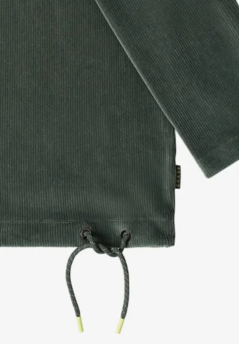 Dunkelgrünes Cordshirt mit verstellbarem Kordelzug am Saum und dezentem Label.