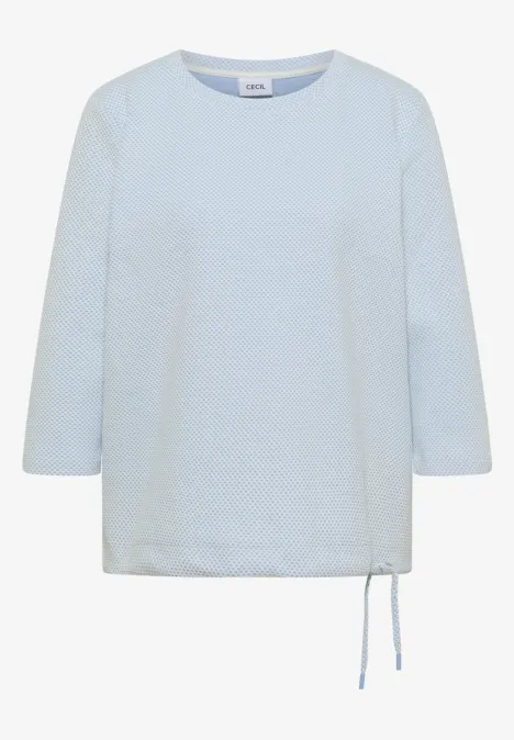 3/4-Arm Shirt mit Rundhals und Struktur easy blue Hellblaues Damenoberteil mit 3/4-Ärmeln und seitlicher Zierkordel am Saum