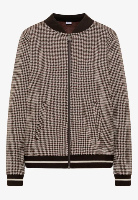 Blouson léger au motif « pepita » raw chocolate brown Leichte Bomberjacke mit Hahnentritt-Muster, schwarzem Rippenbesatz an Kragen, Ärmeln und Saum und Reißverschluss.