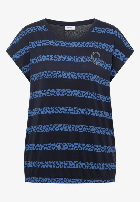 T-Shirt mit Rundhals und Leo-Streifen urban dark blue Locker geschnittenes schwarzes T-Shirt mit breiten blauen Leopardenmuster-Streifen.
