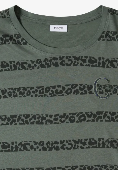 T-Shirt mit Rundhals und Leo-Streifen dried olive green Olivgrünes T-Shirt mit schwarzen Leopardenstreifen und kleinem Markenlogo