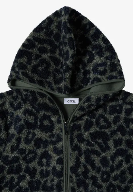 Pull à capuche vert à motif léopard noir, fermeture éclair et tissu doux.