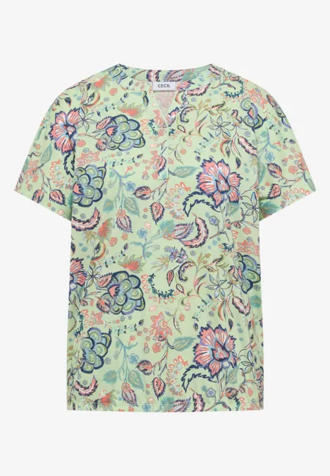 Shirt met split in de hals en print raw matcha lime Pastelgroen T-shirt met roze-blauw bloemenpatroon