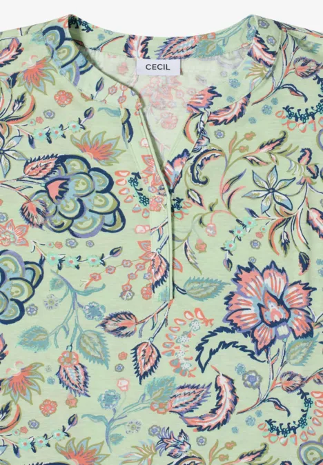 Shirt met split in de hals en print raw matcha lime Lichtgroene bloes met kleurrijk bloemenpatroon, V-hals en losse pasvorm.