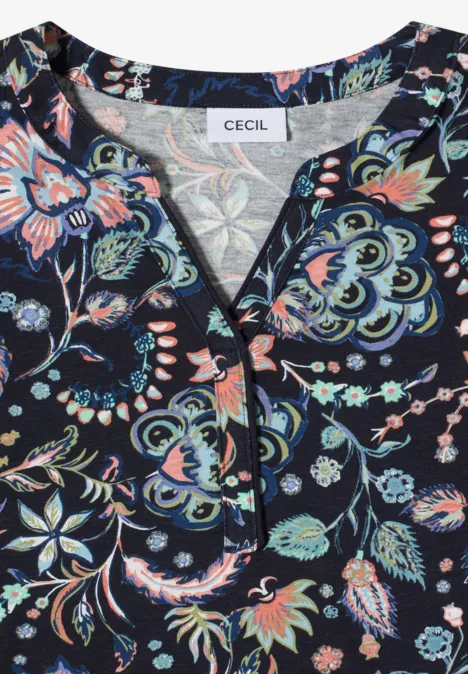 Shirt met split in de hals en print urban dark blue Zwarte blouse met kleurrijk bloemenpatroon en V-hals