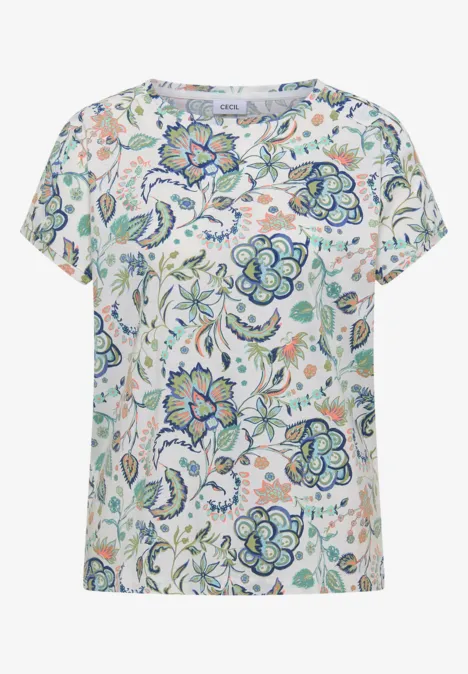 Weißes Kurzarm-T-Shirt mit buntem Blumenmuster in Blau- und Grüntönen.