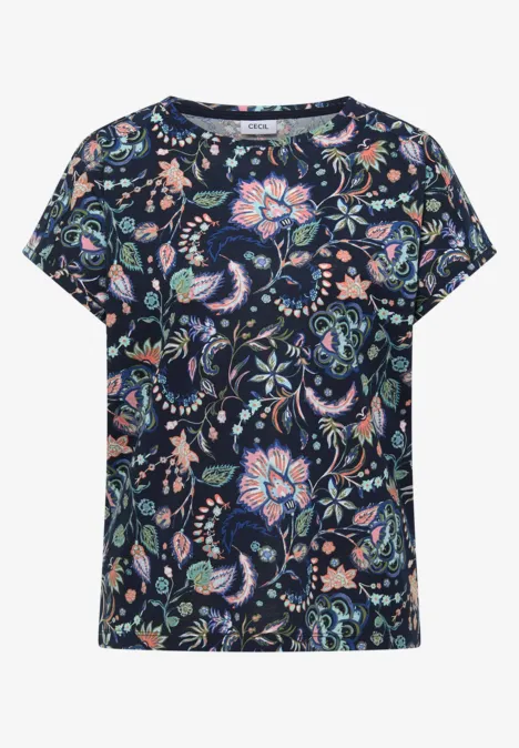 Blaues T-Shirt mit farbenfrohem Blumenmuster.