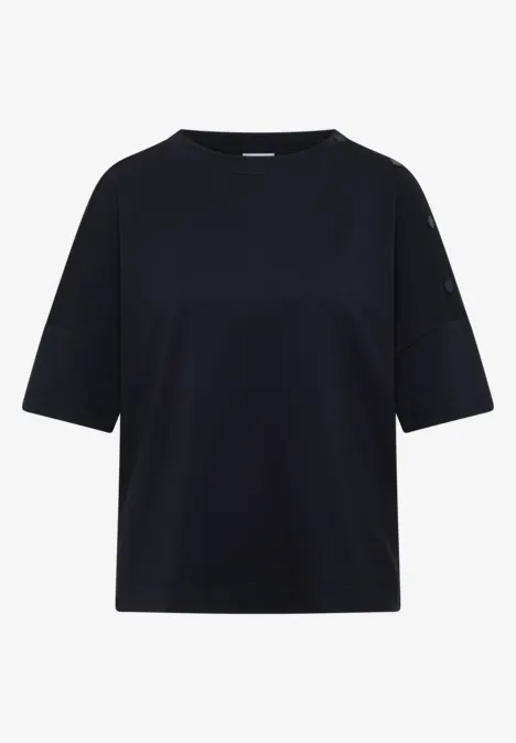 Chemise à épaules tombantes avec boutons urban dark blue Schlichtes schwarzes T-Shirt mit Rundhals, kurzen Ärmeln und lockerem Schnitt.