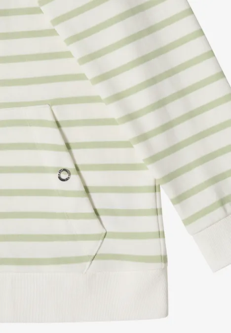 Weiß-grün gestreiftes Sweatshirt mit seitlicher Tasche und Metallösen-Detail.