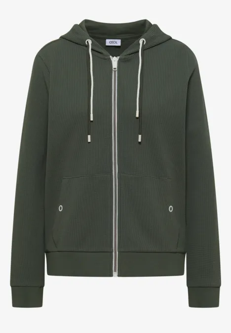 Veste à manches longues, à capuche et texturée dried olive green Dunkelgrüner Kapuzenpullover mit Reißverschluss, Kängurutaschen und Kordelzug.