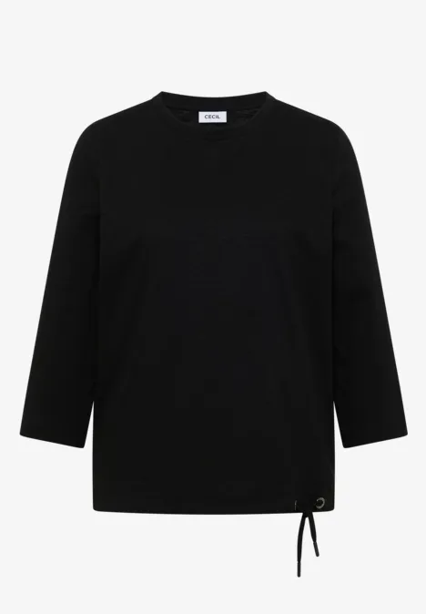 3/4-Arm Shirt mit Rundhals in Unifarbe Black Schwarzes Shirt mit 3/4-Ärmeln und Kordelzug am Saum