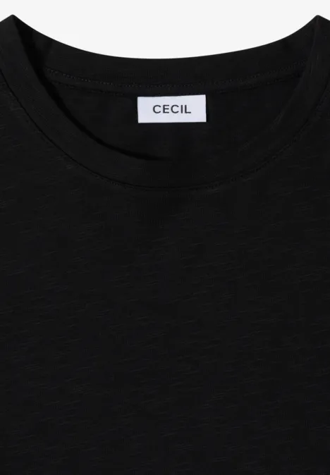 3/4-Arm Shirt mit Rundhals in Unifarbe Black Schwarzes T-Shirt mit rundem Halsausschnitt und weißem Label "CECIL".