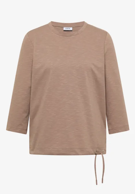 3/4-Arm Shirt mit Rundhals in Unifarbe natural taupe Beiger, legerer Langarm-Pullover mit Rundhalsausschnitt und seitlichem Kordelzug am Saum.