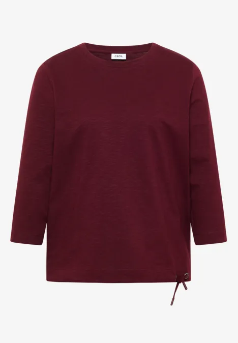 3/4-Arm Shirt mit Rundhals in Unifarbe red wine Dunkelrotes Shirt mit 3/4-Ärmeln und seitlicher Zierschnur