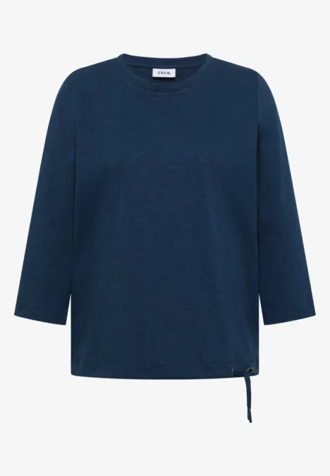 3/4-Arm Shirt mit Rundhals in Unifarbe moonlight blue Dunkelblaues Damen-Shirt mit 3/4-Ärmeln, Rundhalsausschnitt und seitlichem Kordelzug am Saum.