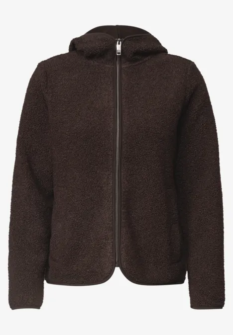 Teddy-Jacke mit Kapuze in Unifarbe truffle brown Dunkelbraune Teddy-Fleecejacke mit Kapuze und durchgehendem Reißverschluss.