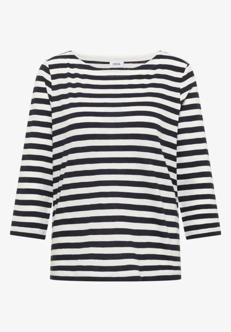 Schwarz-weiß gestreiftes Shirt mit 3/4-Ärmeln und Rundhalsausschnitt.