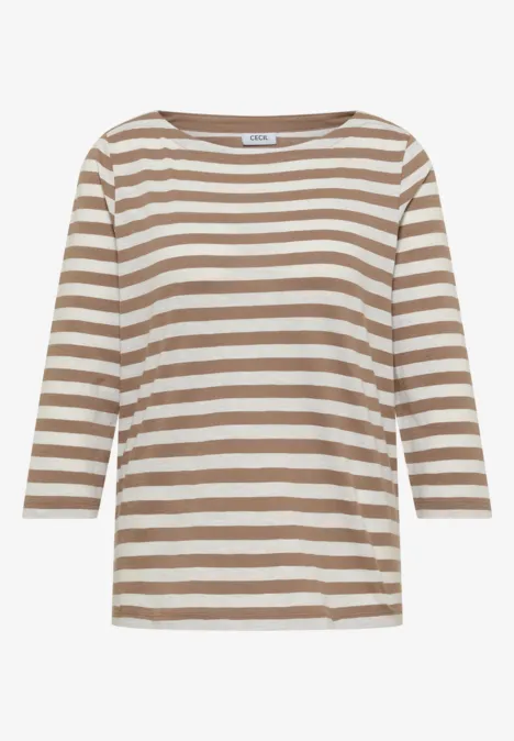 T-shirt basique à col bateau et rayures natural taupe Beiges und weißes, gestreiftes Damen-Shirt mit 3/4-Ärmeln und rundem Ausschnitt.
