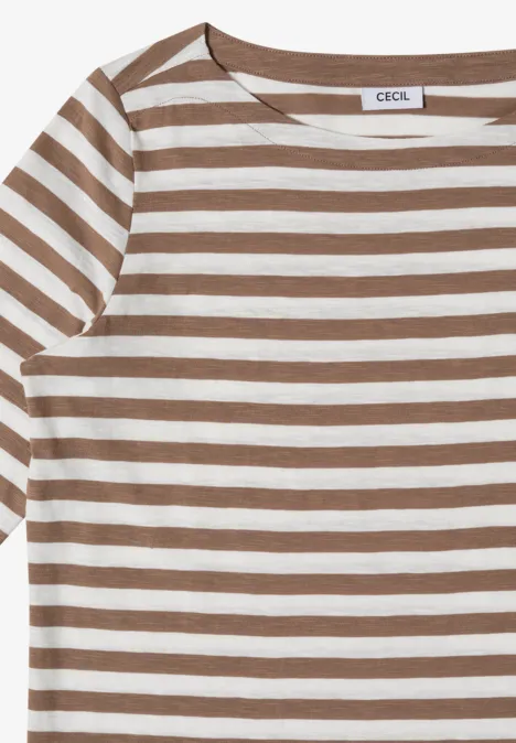 T-shirt basique à col bateau et rayures natural taupe Braun-weiß gestreiftes Kurzarmshirt mit rundem Ausschnitt.