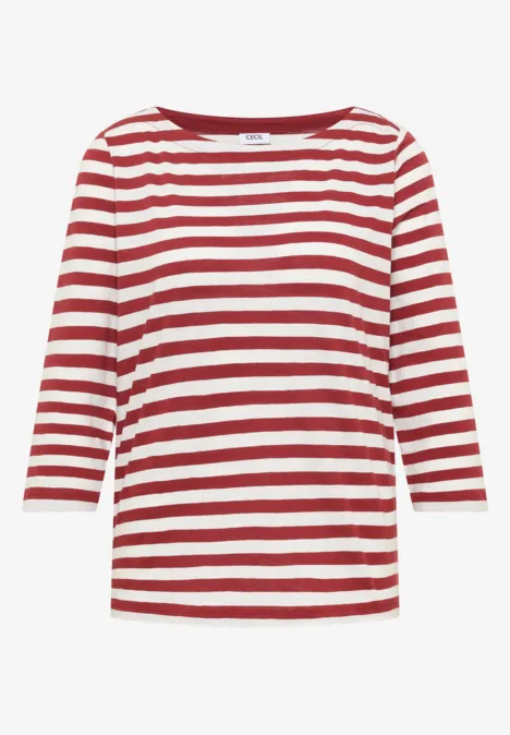 Weiß-rot gestreiftes Shirt mit 3/4-Ärmeln und Rundhalsausschnitt.