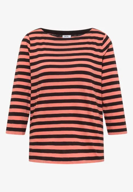 Damen-Shirt mit 3/4-Ärmeln, breiten korallenfarbenen und schwarzen Streifen und Rundhalsausschnitt.