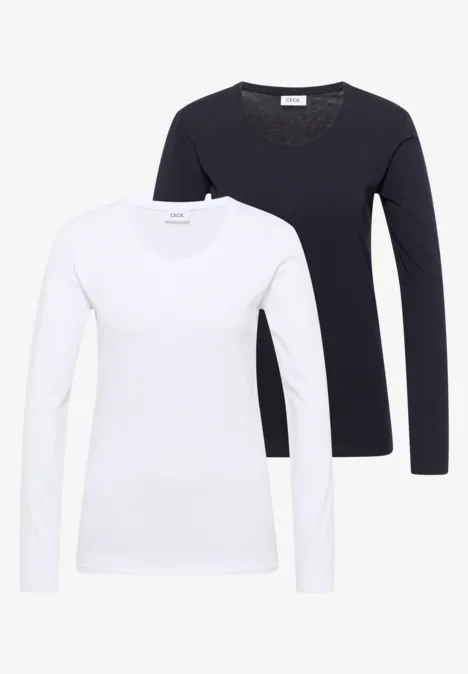 Basic Shirt mit Rundhals im 2er-Pack urban dark blue/white Zwei langärmlige Damen-Shirts, eines weiß, eines schwarz.