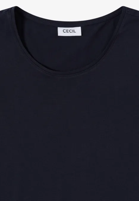 Schwarzes T-Shirt mit Rundhalsausschnitt und Label CECIL am Nacken.
