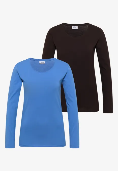 Zwei schlichte Damen-Langarmshirts mit Rundhalsausschnitt in Blau und Schwarz.
