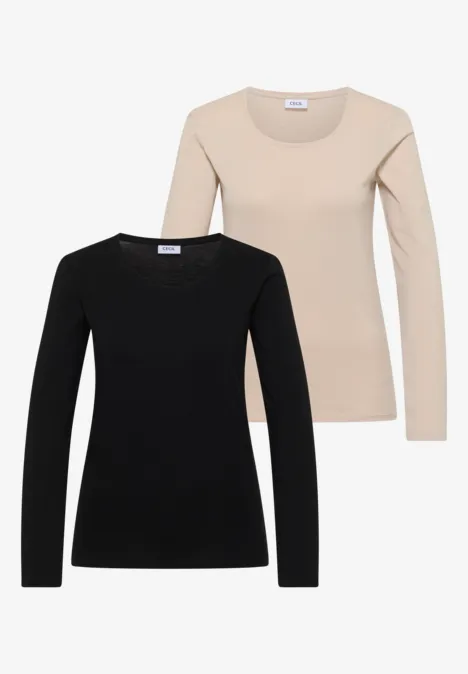 Basic Shirt mit Rundhals im 2er-Pack cashmere beige/black Zwei langärmlige Pullover, einer schwarz, einer beige.