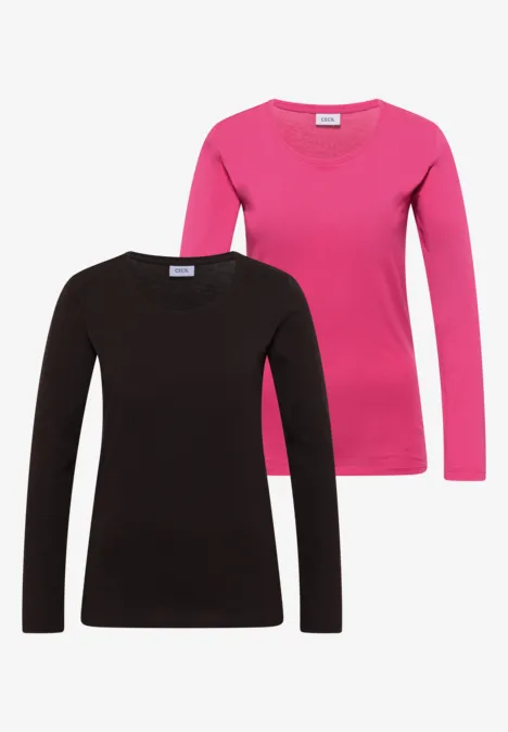 Basic Shirt mit Rundhals im 2er-Pack pink flash/truffle brown Zwei schlichte Langarmshirts in Pink und Schwarz, schlichtes Design.