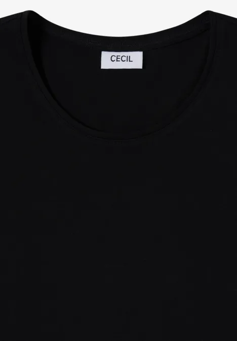 Schwarzes kurzärmeliges T-Shirt mit Rundhalsausschnitt und CECIL-Logo am Kragen.