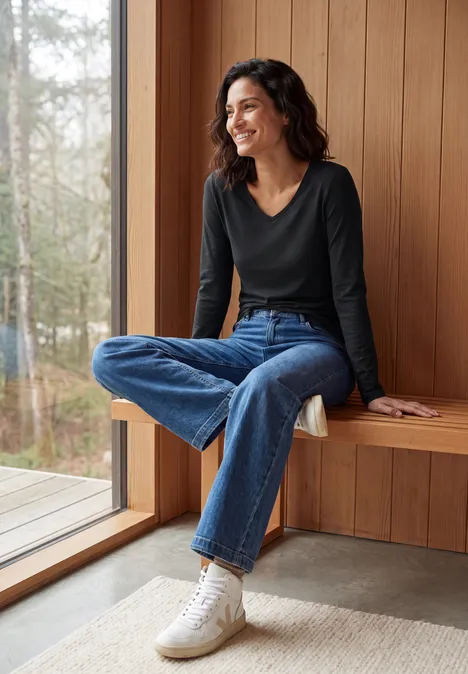 Une femme assise sur un banc en bois, en jean et baskets, souriante, contemplant le paysage extérieur.