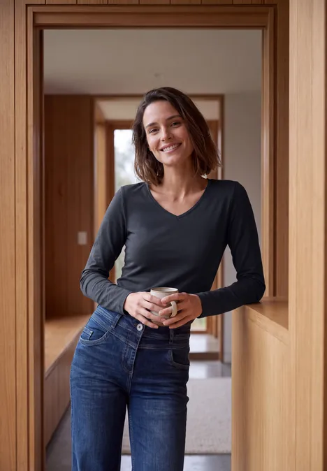 Longsleeve met V-hals urban dark blue Lächelnde Frau in Jeans und Langarmshirt lehnt an Holzrahmen und hält eine Tasse.