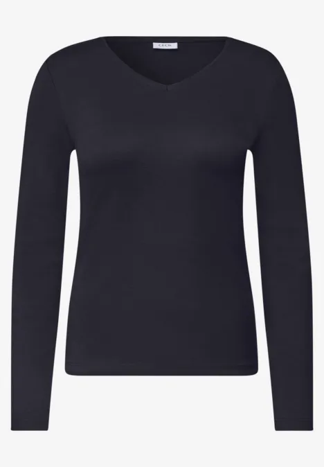 Longsleeve met V-hals urban dark blue Schwarzes, langärmeliges Damen-Shirt mit V-Ausschnitt, schlicht und zeitlos.