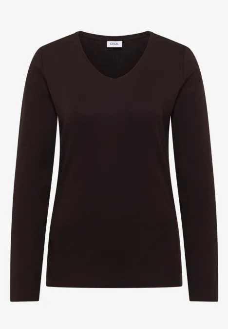 Schwarzes Damen-Langarmshirt mit V-Ausschnitt, eng geschnitten, schlicht und vielseitig kombinierbar.