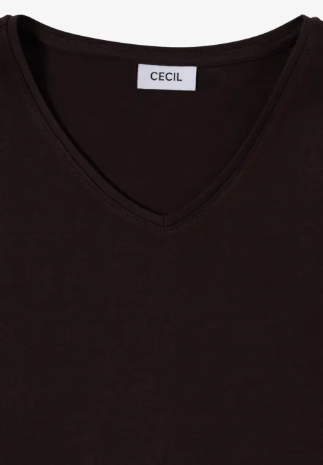 Braunes V-Shirt mit V-Ausschnitt und weißer CECIL-Marke am Kragen.