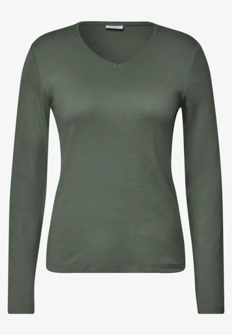 Langarm Shirt in Unifarbe mit V-Neck dried olive green Olivgrünes Langarmshirt mit V-Ausschnitt.