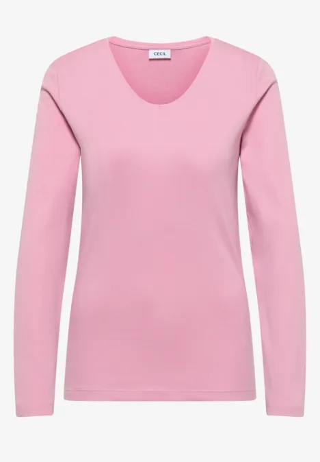 Schlichtes pinkes Langarmshirt mit V-Ausschnitt.